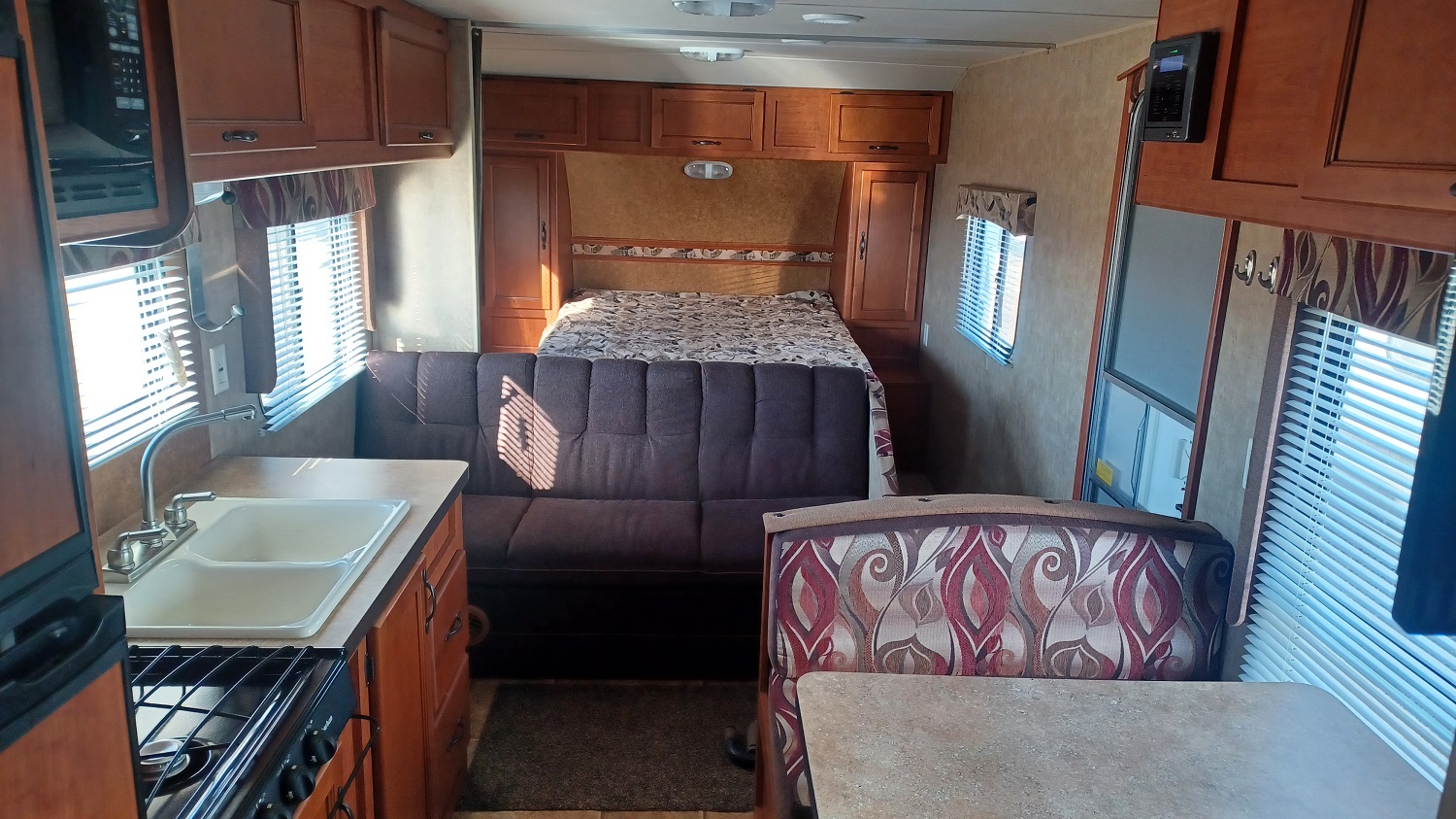 Master bed, sofa bed, dinette bed, kitchen