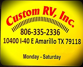An image of our business card with Custom RV, Inc., 806-335-2336, 10400 I-40 E, Amarillo TX 79118, and Monday to Saturday written on it that doubles as a link to CONTACT US 