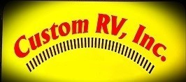 Link to HOME with the Custom RV, Inc. logo typed in red ached over the top of small, black, up and outward facing lines on a yellow background intended to signify sunrays